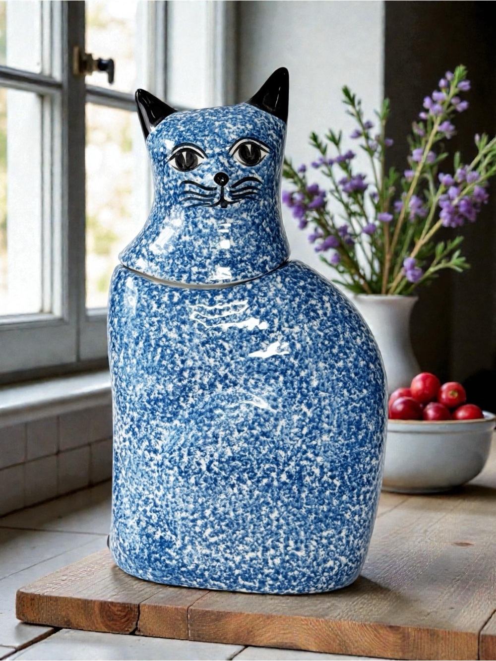 N.S. Gustin Co Blue Spongeware Porcelain Cat Cookie Jar